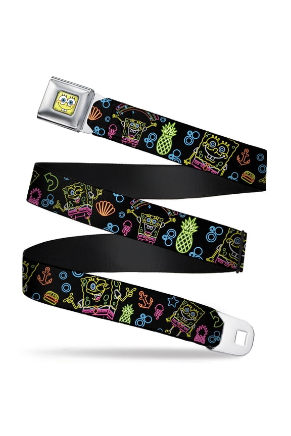 Nickelodeon Belt, Seatbelt Buckle Belt, Electric Spongebob Poses Elements Black Multi Color, Youth 22 to 32 Inches