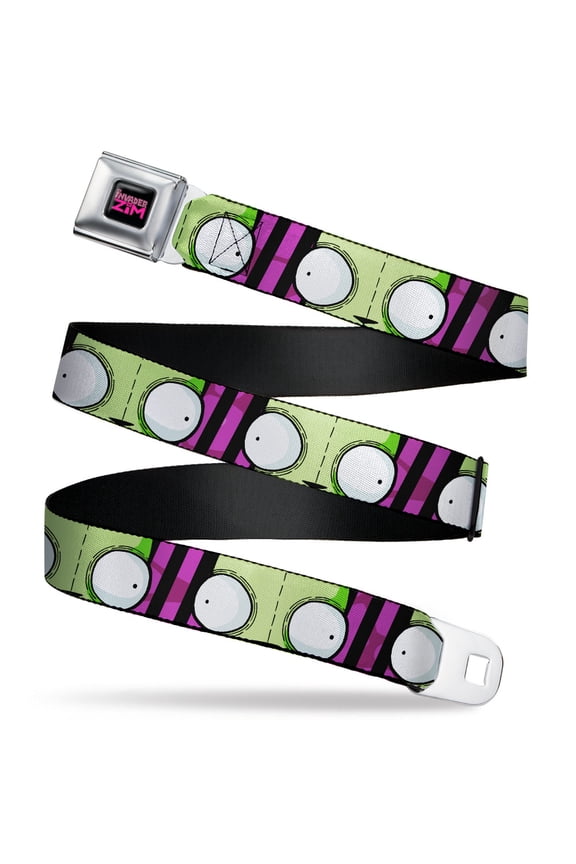 Nickelodeon Belt, Seatbelt Buckle Belt, Invader Zim GIR Eyes Close Up Stripe Black Purple, 24 to 38 Inches