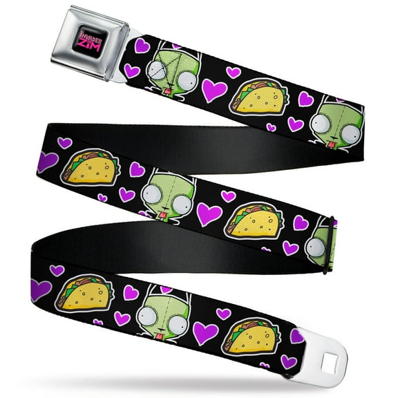Nickelodeon Belt, Seatbelt Buckle Belt, Invader Zim GIR and Tacos Heart Collage Black, 24 to 38 Inches