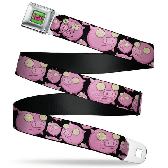 Nickelodeon Belt, Seatbelt Buckle Belt, Invader Zim Pigs Scattered Black Pinks, 24 to 38 Inches