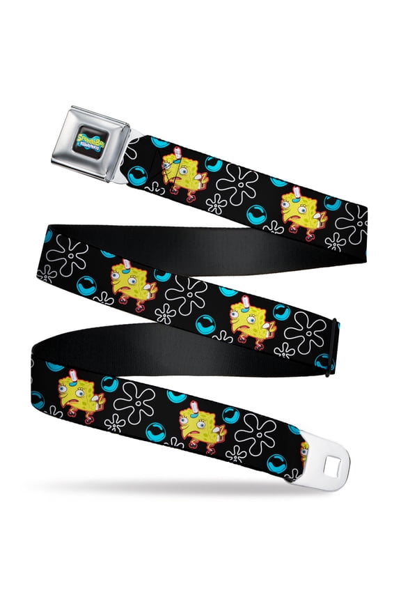Nickelodeon Belt, Seatbelt Buckle Belt, Mocking SpongeBob SquarePants Pose and Flowers Black, 34 to 52 Inches