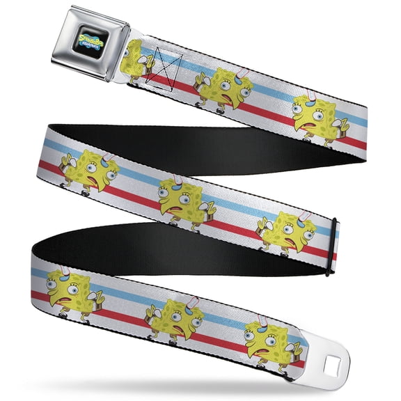 Nickelodeon Belt, Seatbelt Buckle Belt, Mocking Spongebob Pose Stripe White Blue Red, 30 to 44 Inches