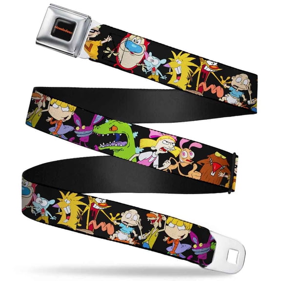 Nickelodeon Belt, Seatbelt Buckle Belt, Nick 90s Character Poses Black, 30 to 44 Inches