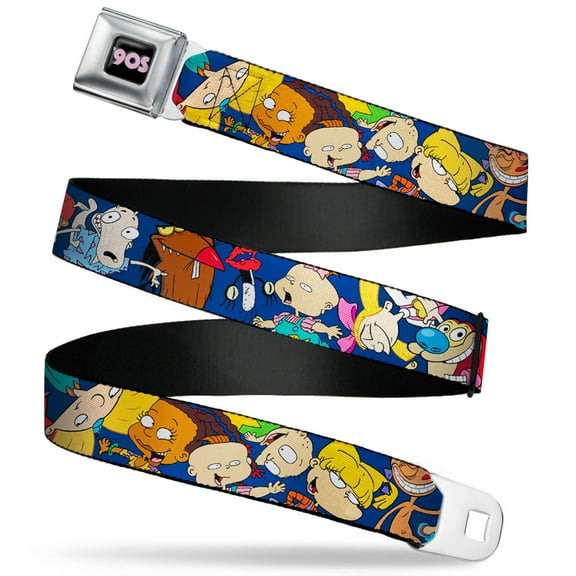 Nickelodeon Belt, Seatbelt Buckle Belt, Nick 90s Rewind Character Poses Navy Blue, 30 to 44 Inches