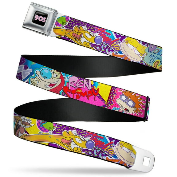 Nickelodeon Belt, Seatbelt Buckle Belt, Nick 90s Rewind Characters and Logo Collage, 30 to 44 Inches