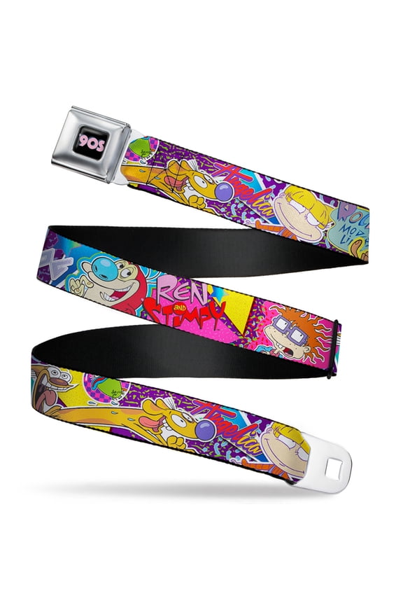 Nickelodeon Belt, Seatbelt Buckle Belt, Nick 90s Rewind Characters and Logo Collage, Youth 22 to 32 Inches