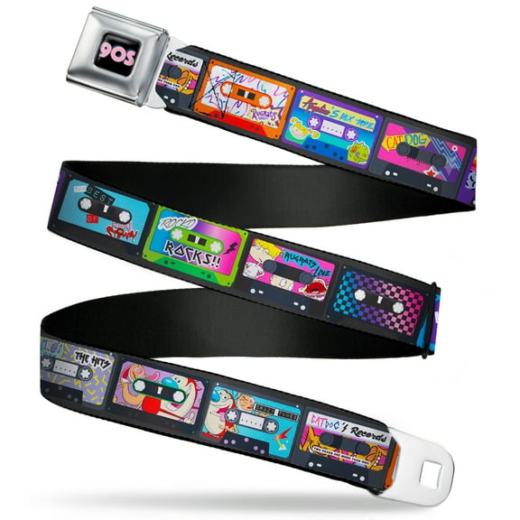 Nickelodeon Belt, Seatbelt Buckle Belt, Nick 90s Rewind Mash Up Cassette Tapes Black, 30 to 44 Inches