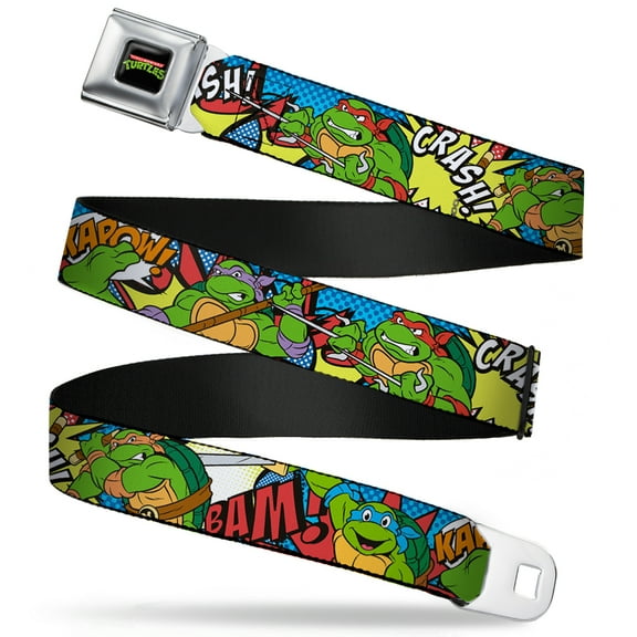 Nickelodeon Belt, Seatbelt Buckle Belt, Ninja Turtles Action Poses Action Bubbles Dots Blues, 30 to 44 Inches