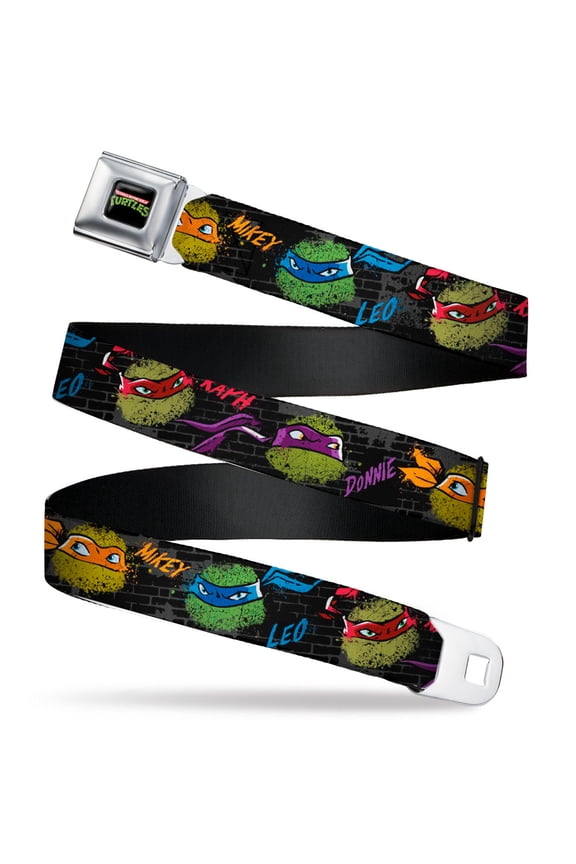Nickelodeon Belt, Seatbelt Buckle Belt, Ninja Turtles Faces Names Graffiti Black Gray Multi Color, Youth 22 to 32 Inches