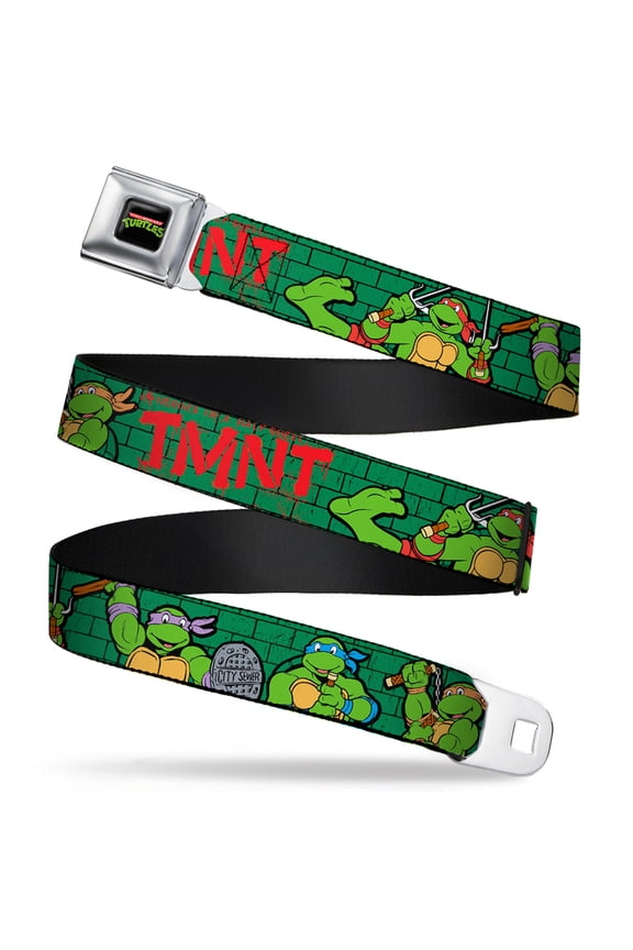 Nickelodeon Belt, Seatbelt Buckle Belt, Ninja Turtles Group Pose TMNT Green Brick Wall, Youth 22 to 32 Inches