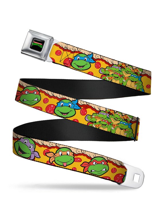 Nickelodeon Belt, Seatbelt Buckle Belt, Ninja Turtles Turtle Faces Pepperoni Pizza Turtles Pose, 34 to 52 Inches