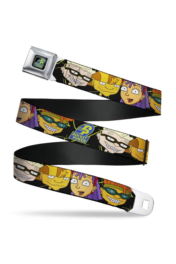Nickelodeon Belt, Seatbelt Buckle Belt, Rocket Power Logo Character Faces Close Up Black Green Blue, 34 to 52 Inches
