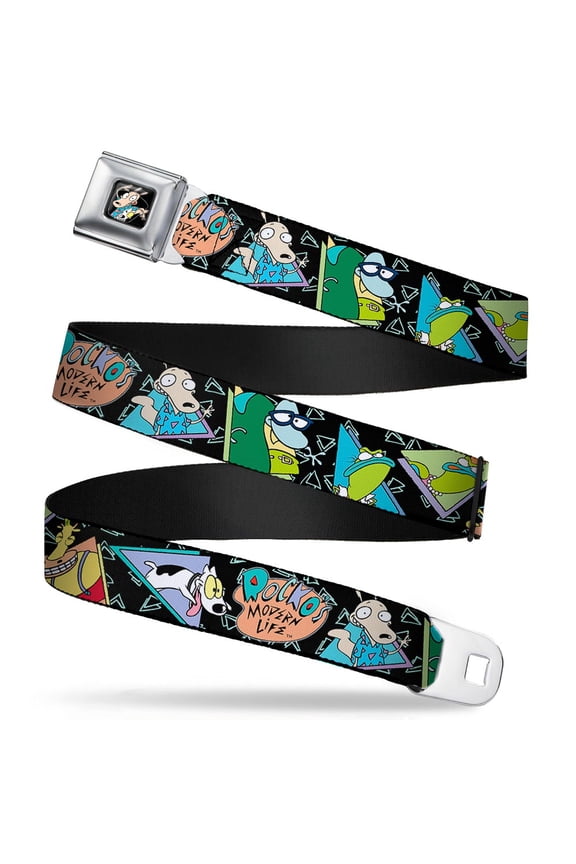 Nickelodeon Belt, Seatbelt Buckle Belt, Rockos Modern Life Character Portraits Triangles Black Blue, Youth 22 to 32 Inches