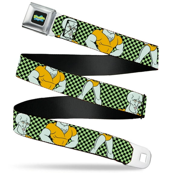 Nickelodeon Belt, Seatbelt Buckle Belt, SpongeBob Handsome Squidward Pose Checker Black Green, 30 to 44 Inches