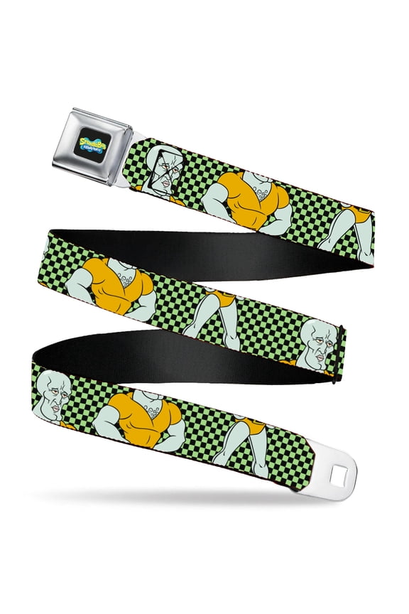Nickelodeon Belt, Seatbelt Buckle Belt, SpongeBob Handsome Squidward Pose Checker Black Green, 30 to 44 Inches
