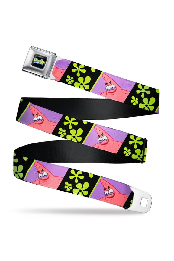Nickelodeon Belt, Seatbelt Buckle Belt, SpongeBob Patrick Star Pose and Flower Blocks Black Green, 30 to 44 Inches