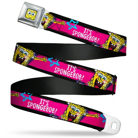 Nickelodeon Belt, Seatbelt Buckle Belt, Spongebob Pose Its Spongebob Stripe Black Pink Blue White, 32 to 52 Inches