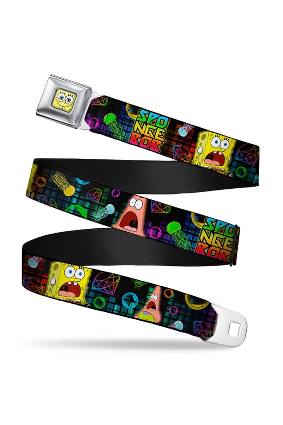 Nickelodeon Belt, Seatbelt Buckle Belt, Surprised Spongebob Patrick Jellyfish Black Multi Color, 30 to 44 Inches