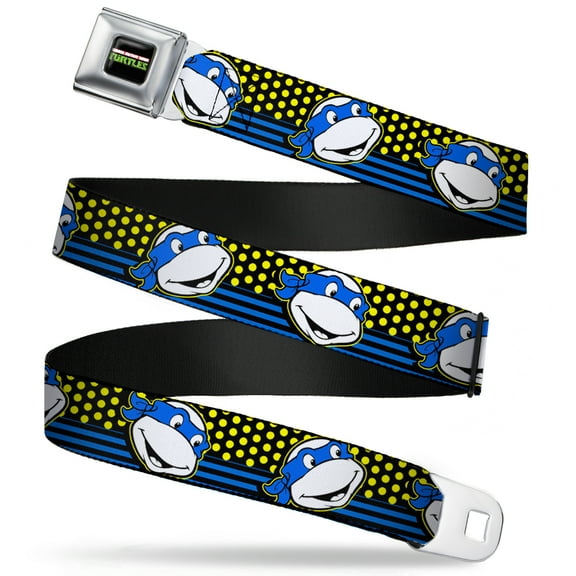 Nickelodeon Belt, Seatbelt Buckle Belt, TMNT Leonardo Expression Dots Stripes Black Yellow Blue White, 30 to 44 Inches