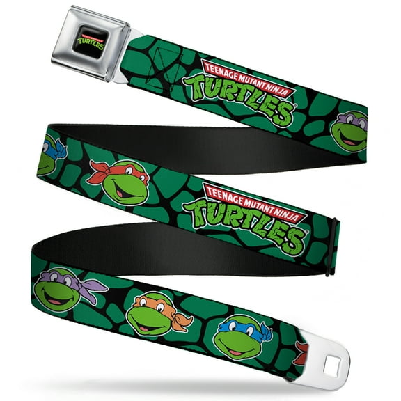 Nickelodeon Belt, Seatbelt Buckle Belt, TMNT Teenage Mutant Ninja Turtles Faces Green Turtle Shell, 30 to 44 Inches