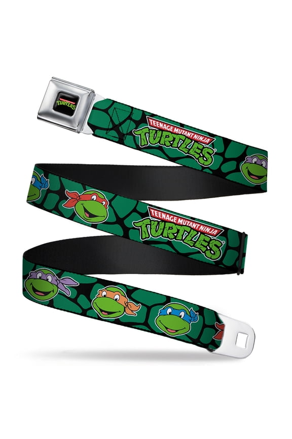 Nickelodeon Belt, Seatbelt Buckle Belt, TMNT Teenage Mutant Ninja Turtles Faces Green Turtle Shell, 30 to 44 Inches