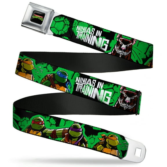 Nickelodeon Belt, Seatbelt Buckle Belt, TMNT Turtles Pose Splinter Ninjas In Training Black Green, 34 to 52 Inches
