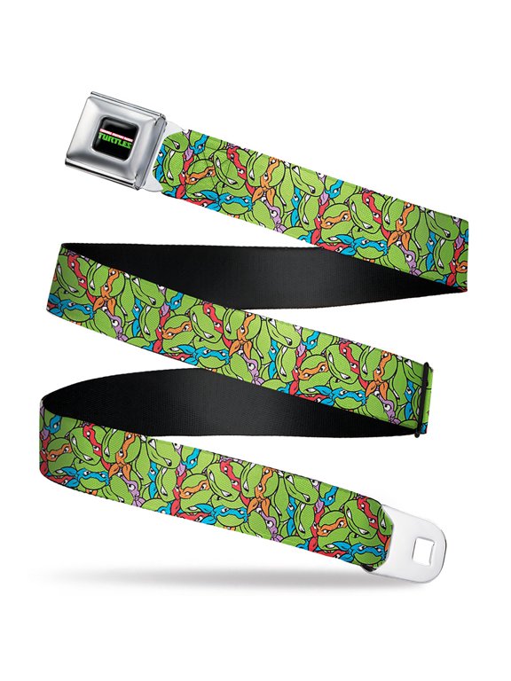 Nickelodeon Belt, Seatbelt Buckle Belt, Teenage Mutant Ninja Turtles Faces Stacked Green Multi Color, Youth 22 to 32 Inches