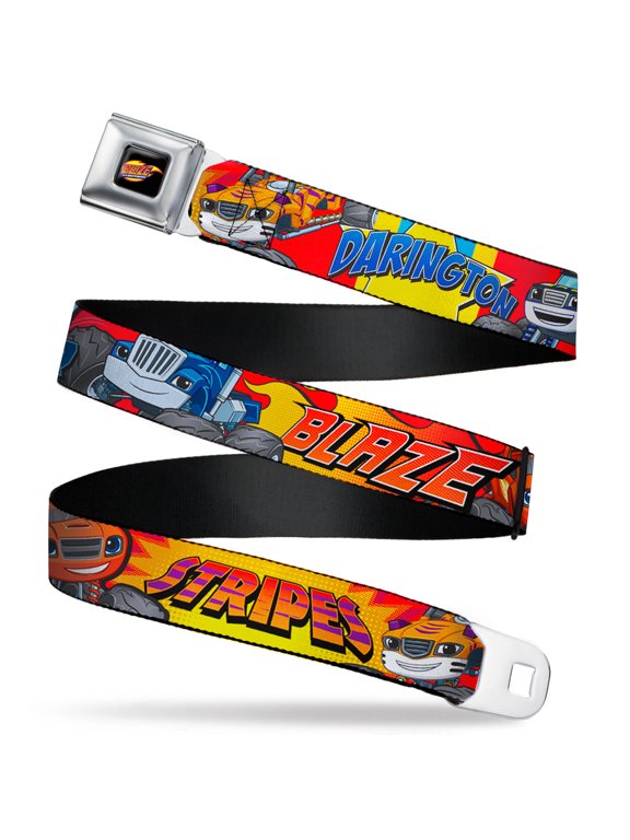 Nickelodeon Belt, Seatbelt Buckle Belt, Trucks Names Halftone Pop Art Red Multi Color, Youth 22 to 32 Inches