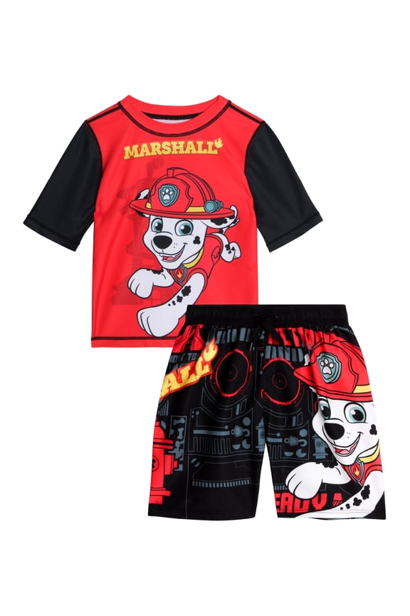 Paw Patrol Boys Rash Guard Set - 2 Piece Chase Marshall UPF50+ Swim Shirt & Swim Trunks (2T-7)