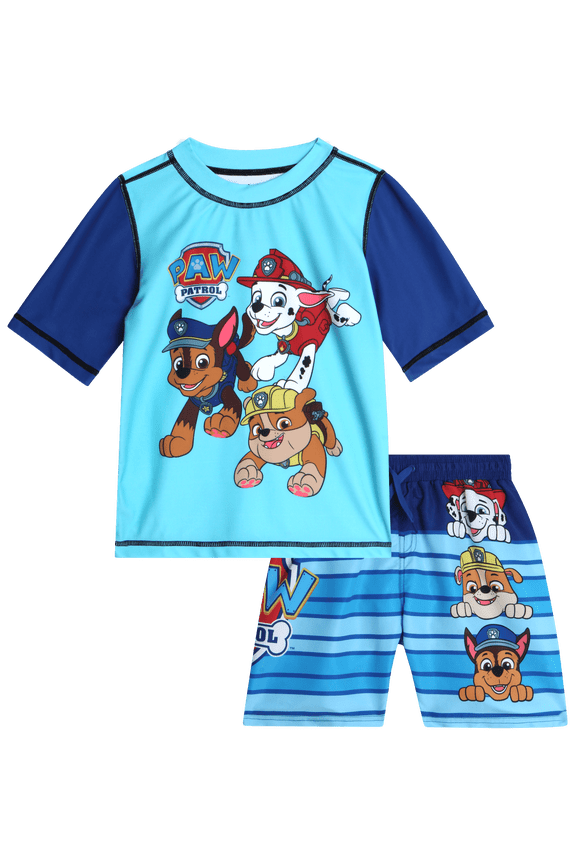 Paw Patrol Boys Rash Guard Set - 2 Piece Chase Marshall UPF50+ Swim Shirt & Swim Trunks (2T-7)