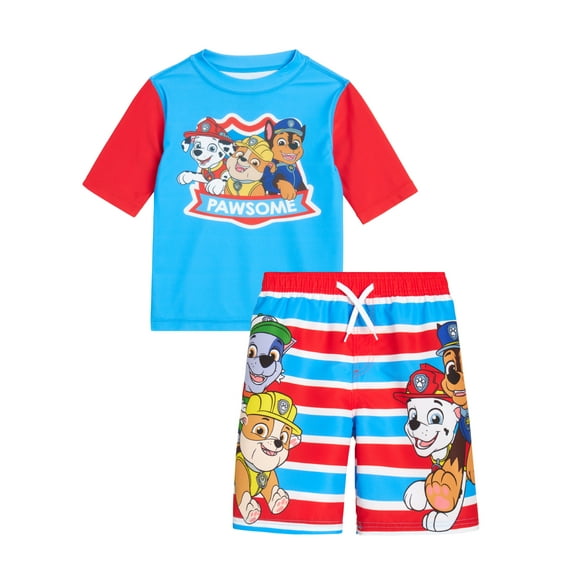 Nickelodeon Paw Patrol Boys Rash Guard Set - 2 Piece Chase Marshall UPF50+ Swim Shirt & Swim Trunks (2T-7)