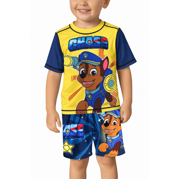 Nickelodeon Paw Patrol Boys Rash Guard Set - 2 Piece Chase Marshall UPF50+ Swim Shirt & Swim Trunks (2T-7)