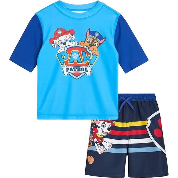 Nickelodeon Paw Patrol Boys Rash Guard Set - 2 Piece Chase Marshall UPF50+ Swim Shirt & Swim Trunks (2T-7)