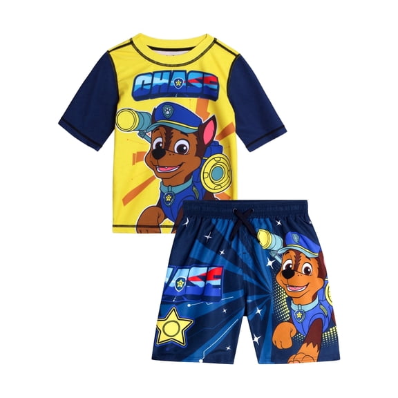 Nickelodeon Paw Patrol Boys Rash Guard Set - 2 Piece Chase Marshall UPF50+ Swim Shirt & Swim Trunks (2T-7)