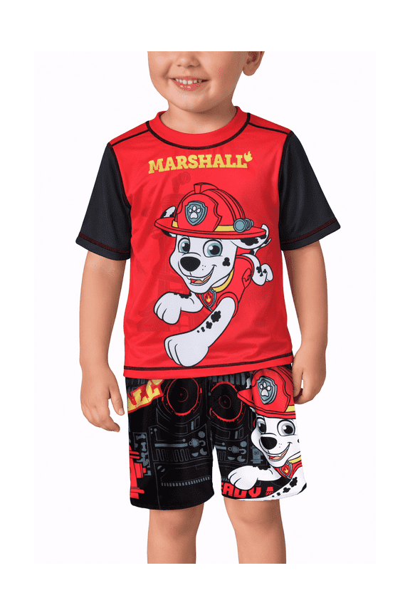 Paw Patrol Boys Rash Guard Set - 2 Piece Chase Marshall UPF50+ Swim Shirt & Swim Trunks (2T-7)
