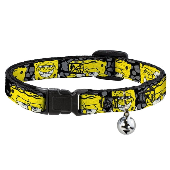 Nickelodeon Cat Collar, Breakaway Collar with Bell, SpongeBob Close Up Expressions Crackle Black Gray Yellow, 8.5 to 12 Inches 0.5 Inch Wide