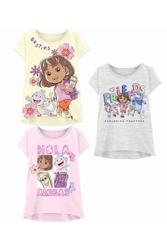 Dora The Explorer T-Shirt for Girls, Kids Short Sleeve Shirt, Yellow/Gray/Pink, 3 Pack