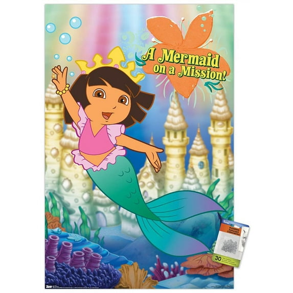 Nickelodeon Dora The Explorer - Mermaid Wall Poster with Push Pins, 22.375" x 34"