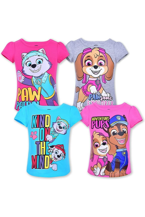 Girl's 4 Pack Paw Patrol Short Sleeve Tee Shirt Set, Pink/Grey/Blue, 3T