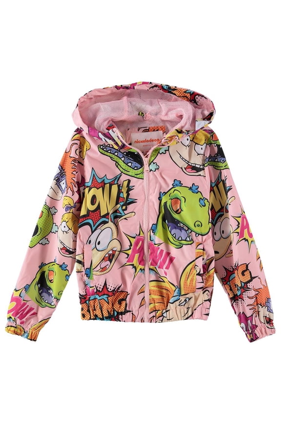 Girls 4-16 Zip-Front 90's Nickelodeon Windbreaker Jacket (Pink 7/8)