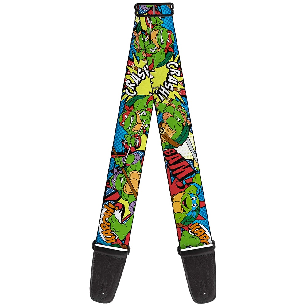 Nickelodeon Guitar Strap, Ninja Turtles Action Poses Action Bubbles Dots Blues, 2 Inches Wide