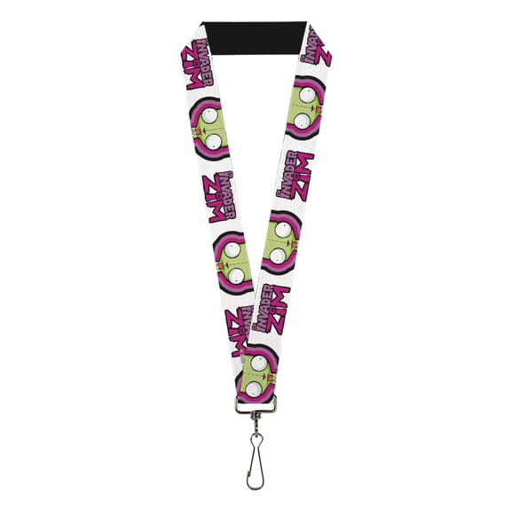 Nickelodeon Lanyard, Invader Zim Title Logo and Gir Pose Close Up White Pinks, Elastic
