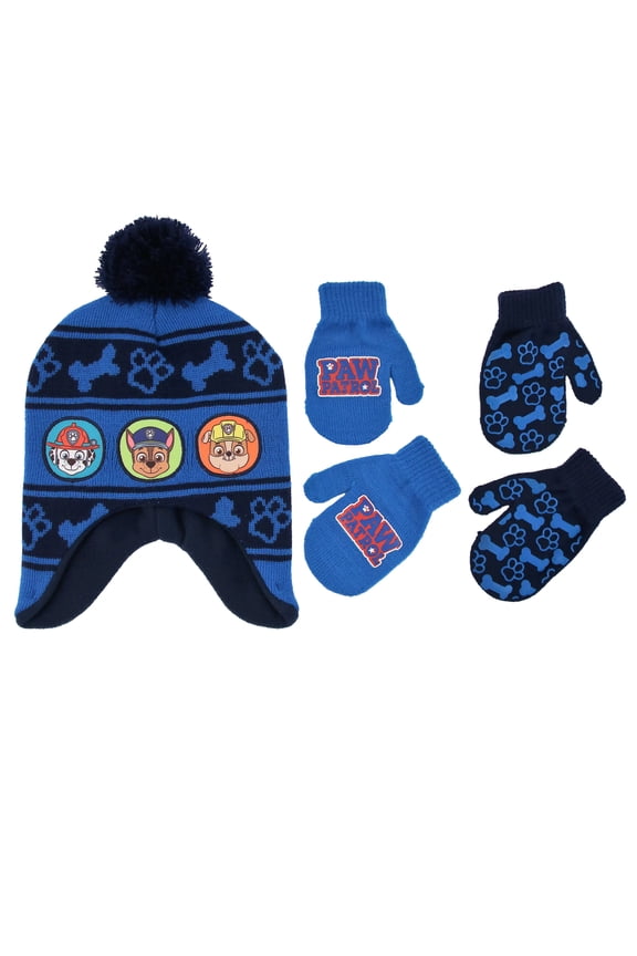 Little Boys Paw Patrol Hat & 2 Pairs Mittens/Gloves Cold Weather Accessory Set