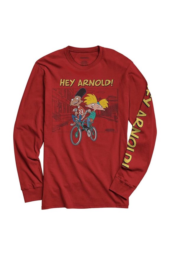 Men's Long Sleeve Shirt, Graphic Print Cartoon Rugrats Hey Arnold Shirt Red - 2XL