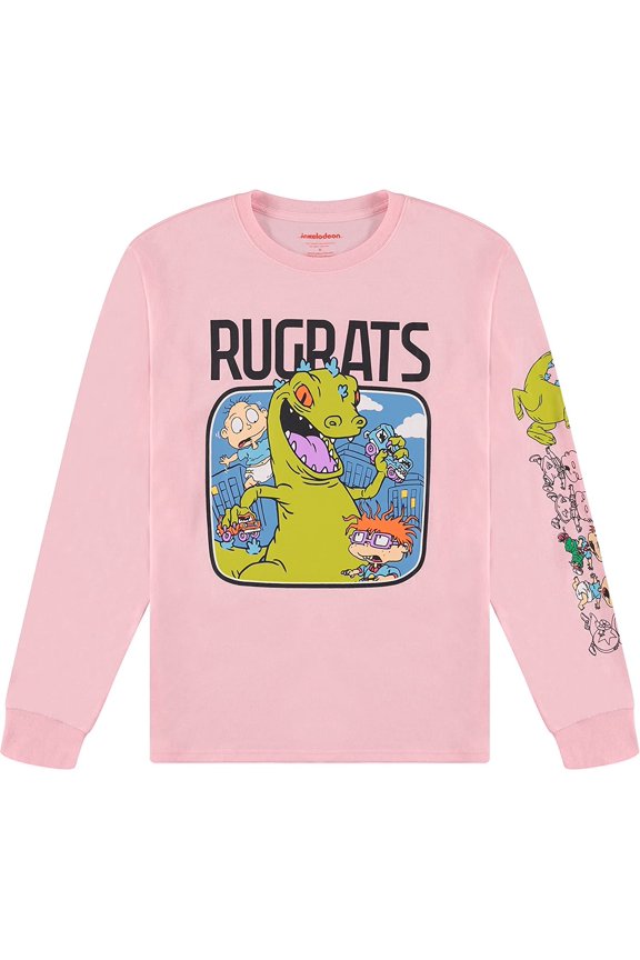 Mens Long Sleeve Shirt, Graphic Rugrats Reptar Shirt Light Pink - M