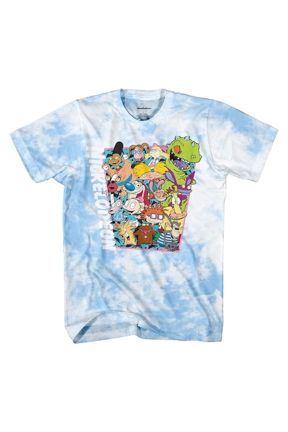Mens Shirt, Graphic Print Cartoon Rugrats T-Shirt Light Blue Tie Dye - 2XL