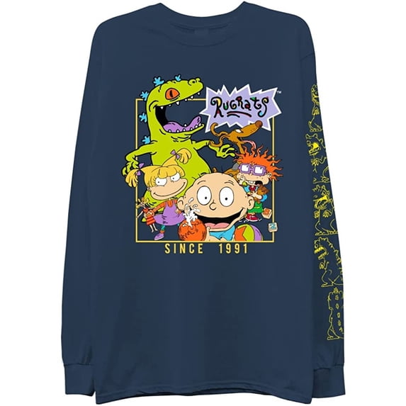 Nickelodeon Mens Long Sleeve Shirt - #TBT Mens 1990's Clothing - Rugrats, Hey Arnold, Rocko's Modern Life Navy, Small