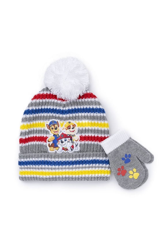 Paw Patrol 2-Piece Knitted Hat and Mittens Set, Striped, Pom-Pom, Acrylic, Winter
