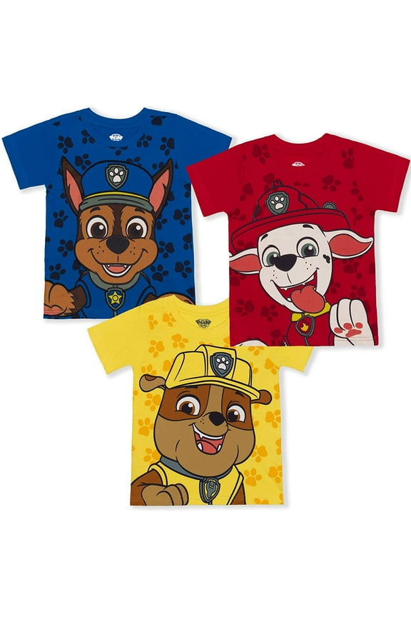 Nickelodeon Paw Patrol Boy's 3-Pack Chase, Marshall and Rubble Tees, Blue/Yellow/Red, Size 7