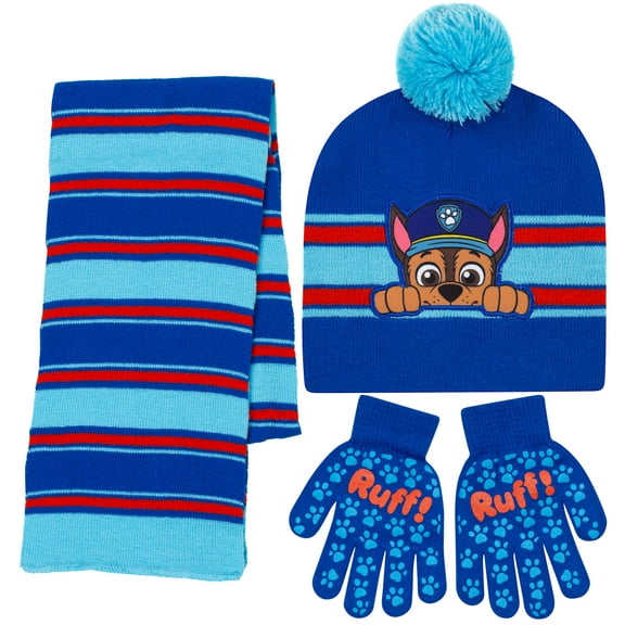 Nickelodeon Paw Patrol Chase Hat Scarf and Glove Set, Boys 4-14 Years - Blue and Red Stripped